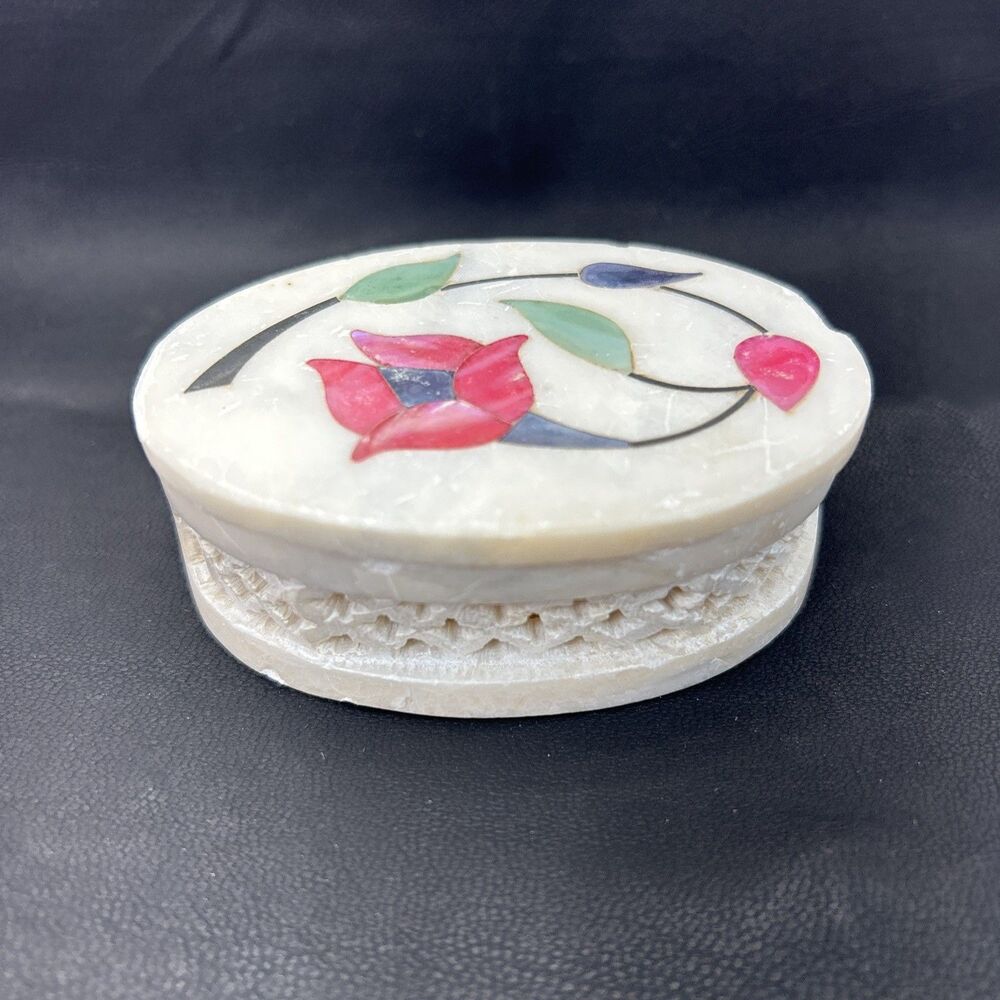 India Soapstone Trinket Box Mother of Pearl Inlay Oval Floral Dish 3"